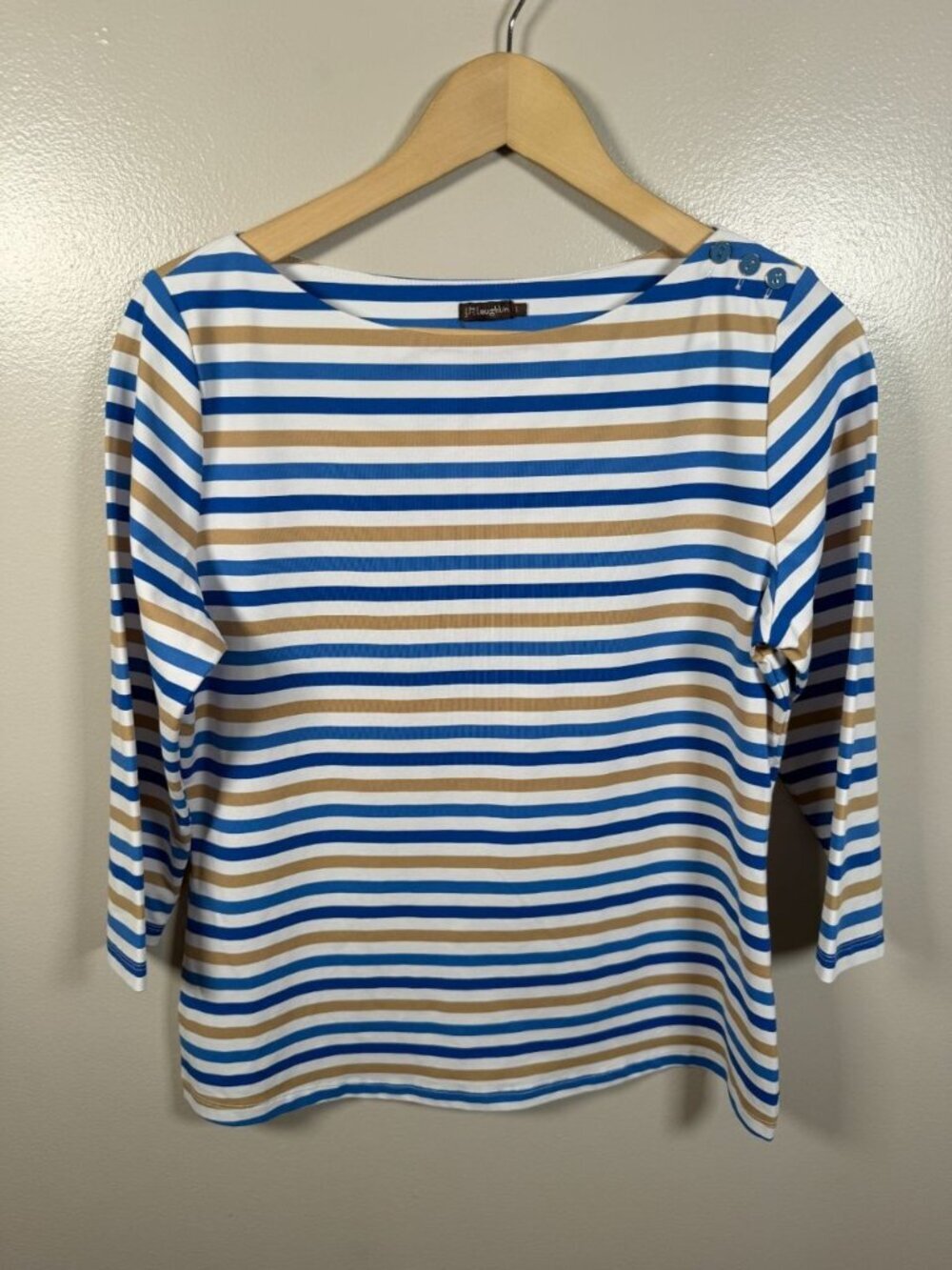 J. Mclaughlin Catalina Cloth Top Size Large Blue Striped Buttons Stretch Travel